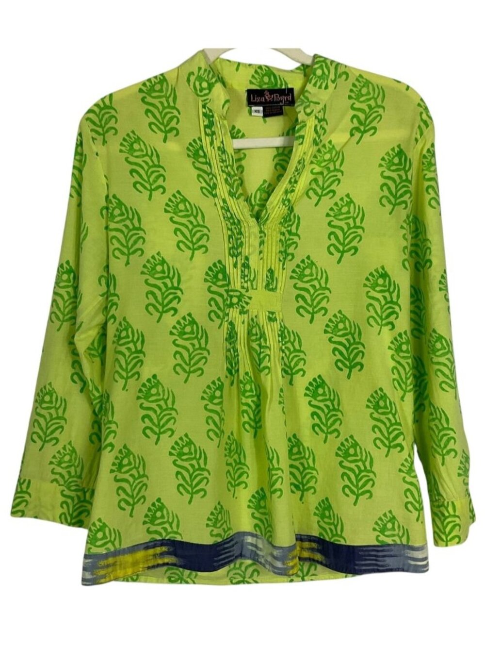 Liza Byrd Green Floral Block Print Cotton Tunic Top Pintuck 3/4 Sleeve XS